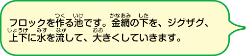 フロックを作る池です。金網の下を、ジグザグ、上下に水を流して、大きくしていきます。