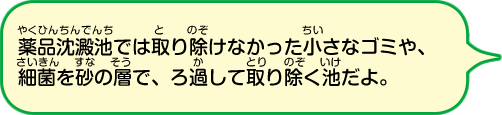 薬品のちんでん池では取り除けなかった小さなゴミや、細菌を砂の層でろ過して取り除く池だよ。