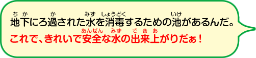 ろ過された水に消毒するための薬品をいれる池が、地下にあるんだよ。