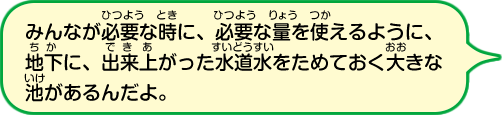 みんなが必要な時に、必要な量を使えるように、地下に、出来上がった水道水をためておく大きな池があるんだよ。